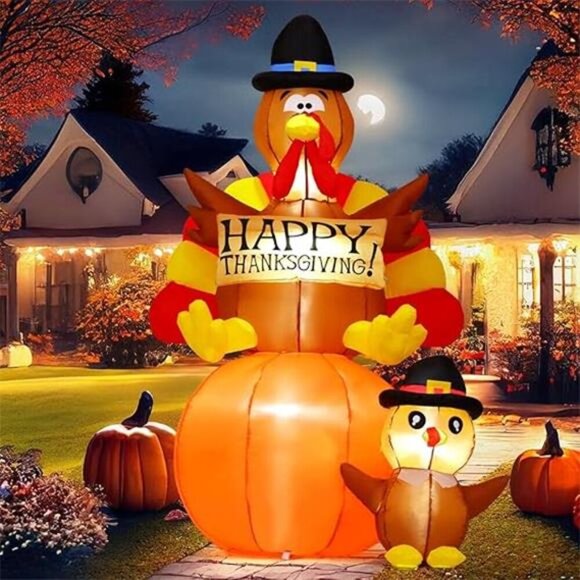 6 FT Thanksgiving Inflatables Turkey Decorations Blow Up Yard Turkey on Pumpkin - Picture 7 of 7